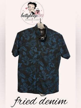 Men's Casual Black Short-Sleeve Button-Down Shirt with Navy Floral‎ Print